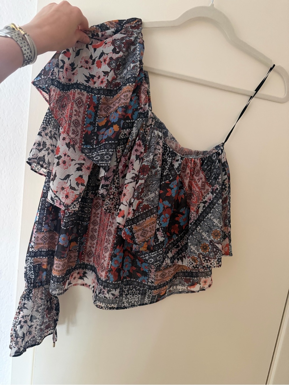 Boho Patchwork One-Shoulder Ruffle Top in Multicolor - Picture 3 of 3